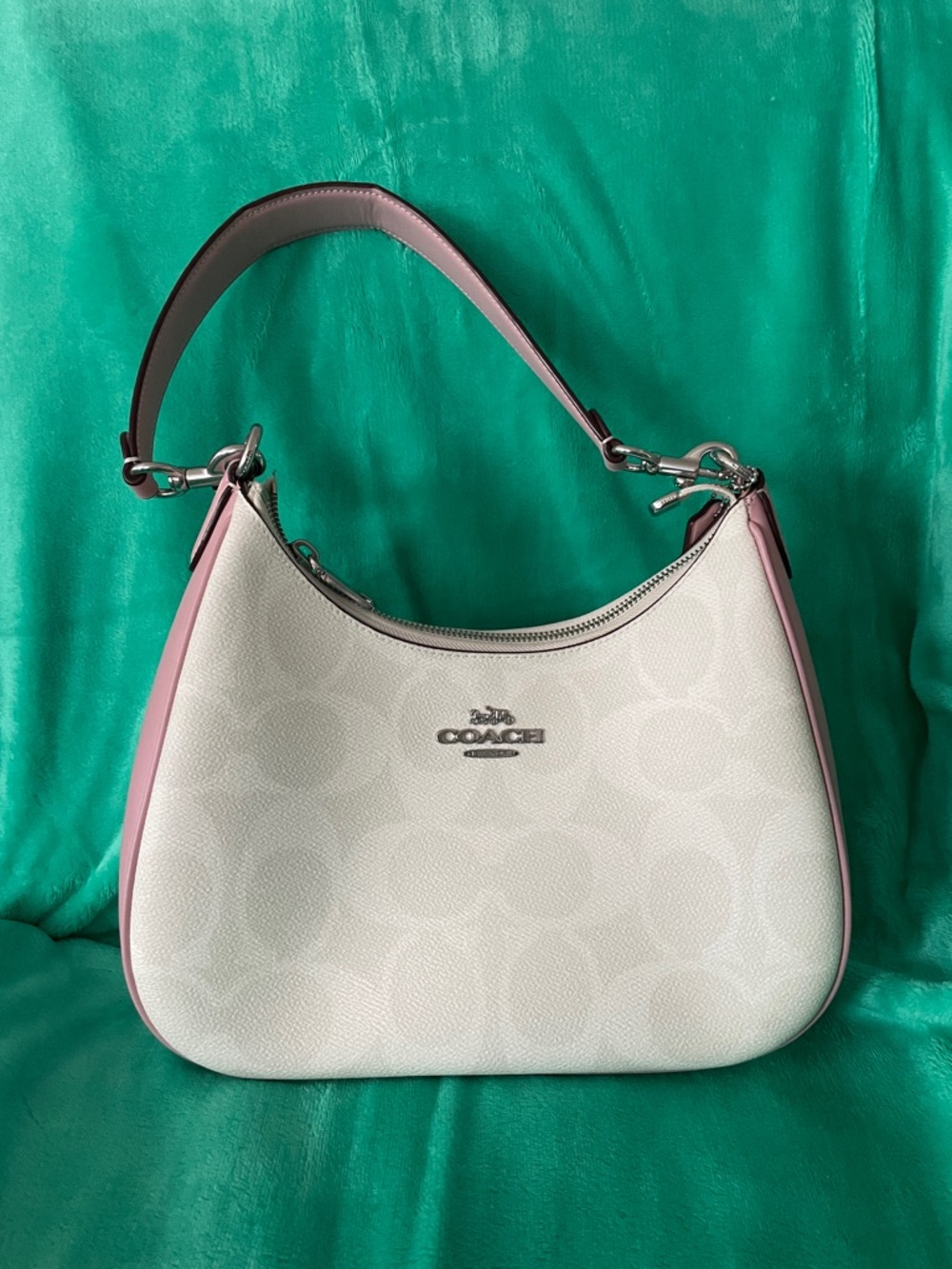 Coach Teri Hobo White Pebbled Leather Shoulder Bag with Pink Trim